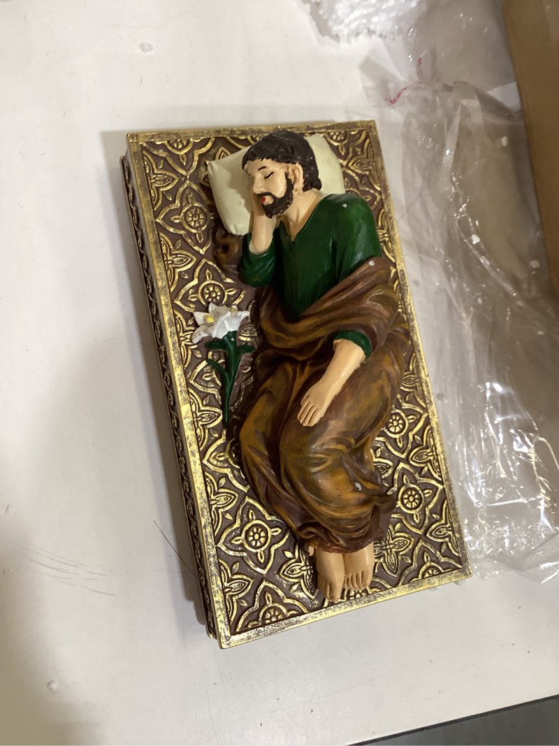 Condition photo showing As Is for bucherry catholic sleeping st joseph statue 8.8 inch with case base and rosary patron saint religious gift hand painted sleeping joseph statue home religious decor