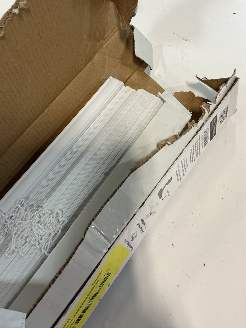 Condition photo showing As Is for mainstays 1" cordless vinyl light filtering mini blinds, white, 33" w x 64" l
