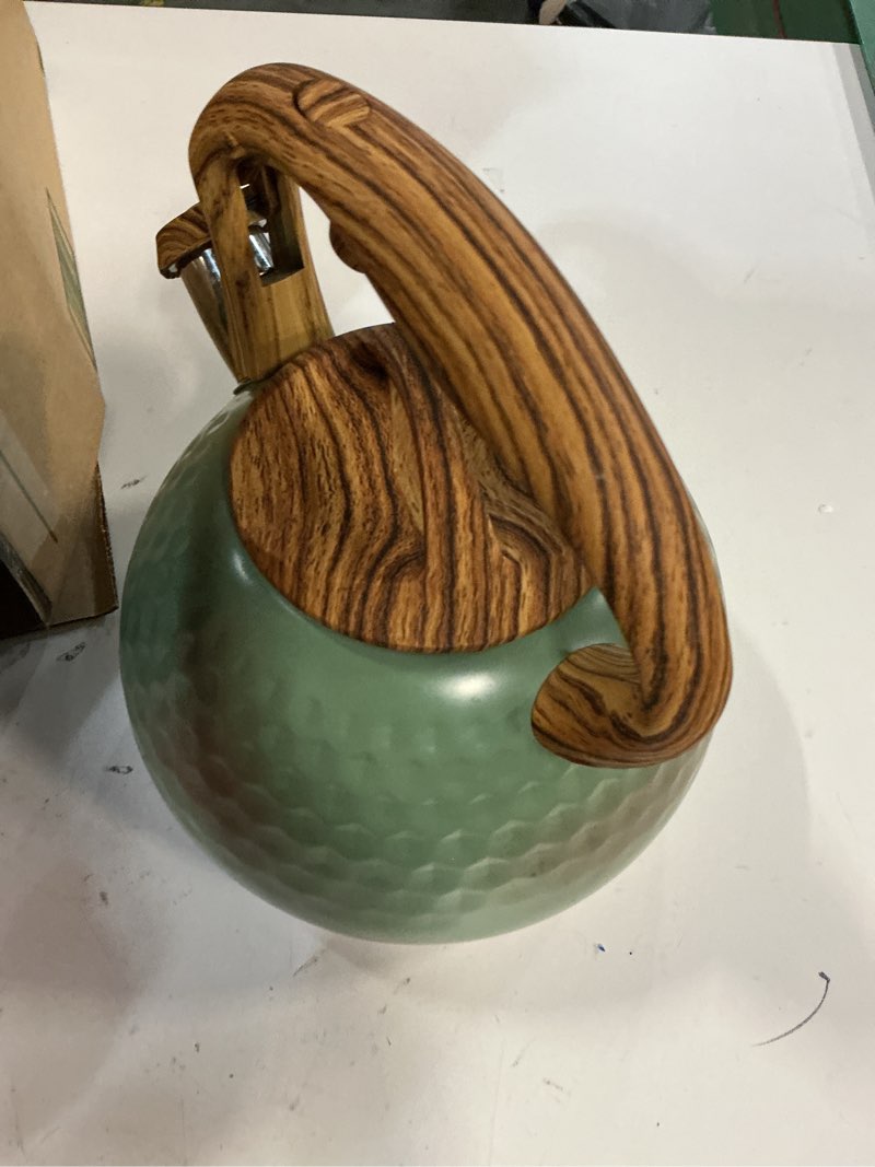 Condition photo showing As Is for Stovetop Whistling Tea Kettle 3.2QT - Stainless Steel with Wood Grain Handle, Loud Whistle Kettle for Tea, Coffee & Milk, Ergonomic Grip & Balanced Pour Spout (Emerald Green)
