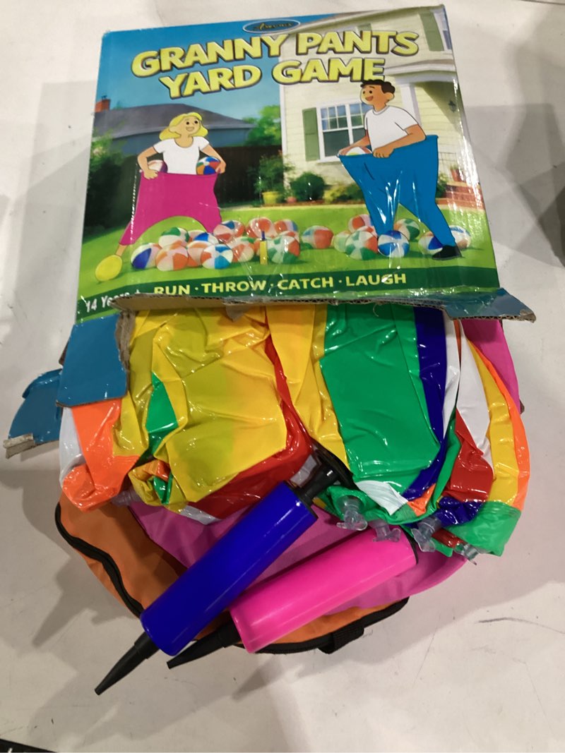 Condition photo showing Good Condition for 17 pcs granny pants yard game easter games set, 2 oversized granny funny pants with 10 balls, 2 air pumps, outdoor tossing games for kids backyard lawn easter carnival party reunion gathering 4+ ages colorful large