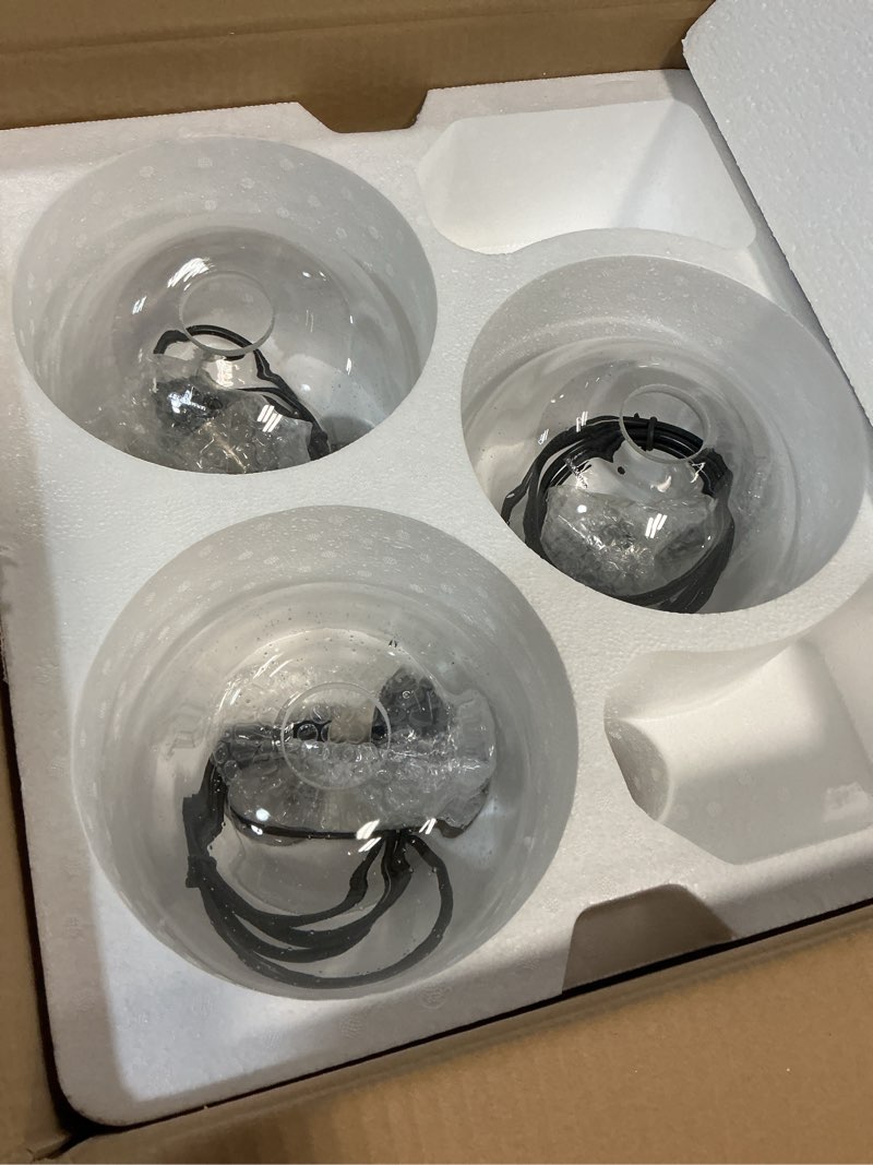 Condition photo showing As Is for ariamotion globe pendant lights kitchen island 3 pack hand blown glass modern rustic lighting clear seeded bubbles dining room table coffee bar counter brushed nickel lamp 7.4 inch diam 7.4" clear-3 pack 7.4" diam