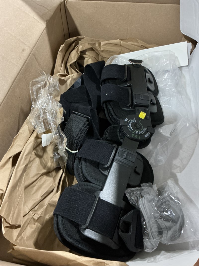 Condition photo showing As Is for hinged rom knee brace, post op knee brace for recovery stabilization, acl, mcl and pcl injury, adjustable medical orthopedic support stabilizer after surgery, women and men,left and right leg one size black