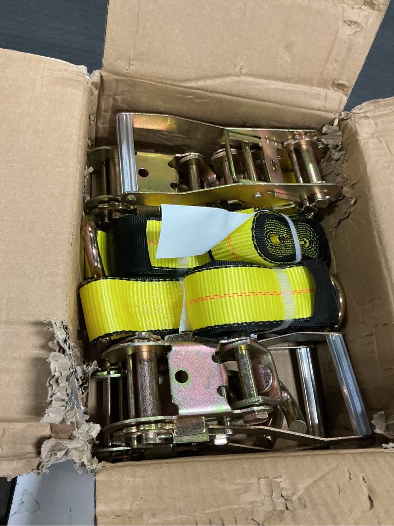 Condition photo showing New/Like New for Car Tie Down Straps (4PK) with J Finger Hook Lasso Ratchet Strap 2 Inch x 96 Inch- for Any Car, SUV, Jeep or Sports Car