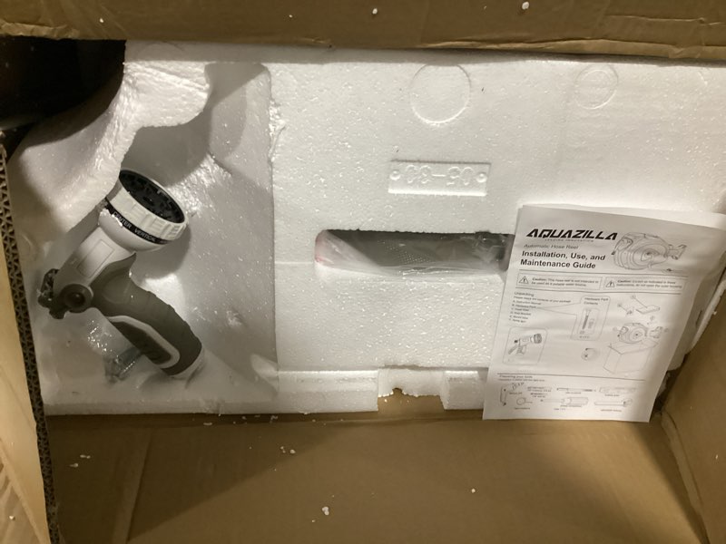Condition photo showing New/Like New for retractable garden hose reel, 5/8 in 100+6 ft, heavy duty wall mounted water hose reel, spring power automatic rewind, any length lock, 180° swivel bracket, 10 pattern spray nozzle 5/8" 100ft