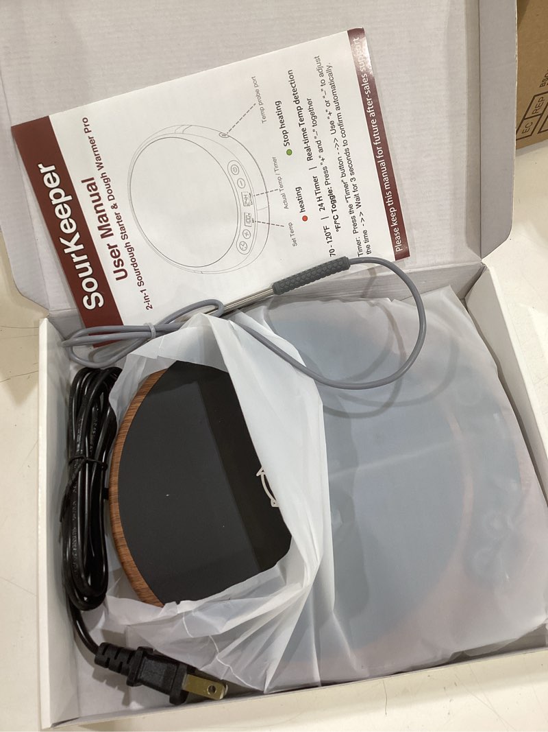 Condition photo showing Good Condition for sourkeeper, larger 2-in-1 sourdough starter warmer pro - 2026 upgrade larger heating plate, dough temp probe, 1°f control (70–110°f), 24h timer, real-time monitoring walnut,6.5inch
