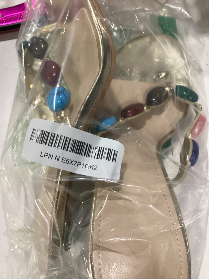 Condition photo showing Good Condition for jeweled flip flop kitten heels for women open toe beaded strappy high heels sandals slip on thong heeled mules mid heel fashion party dress shoes 9 gold