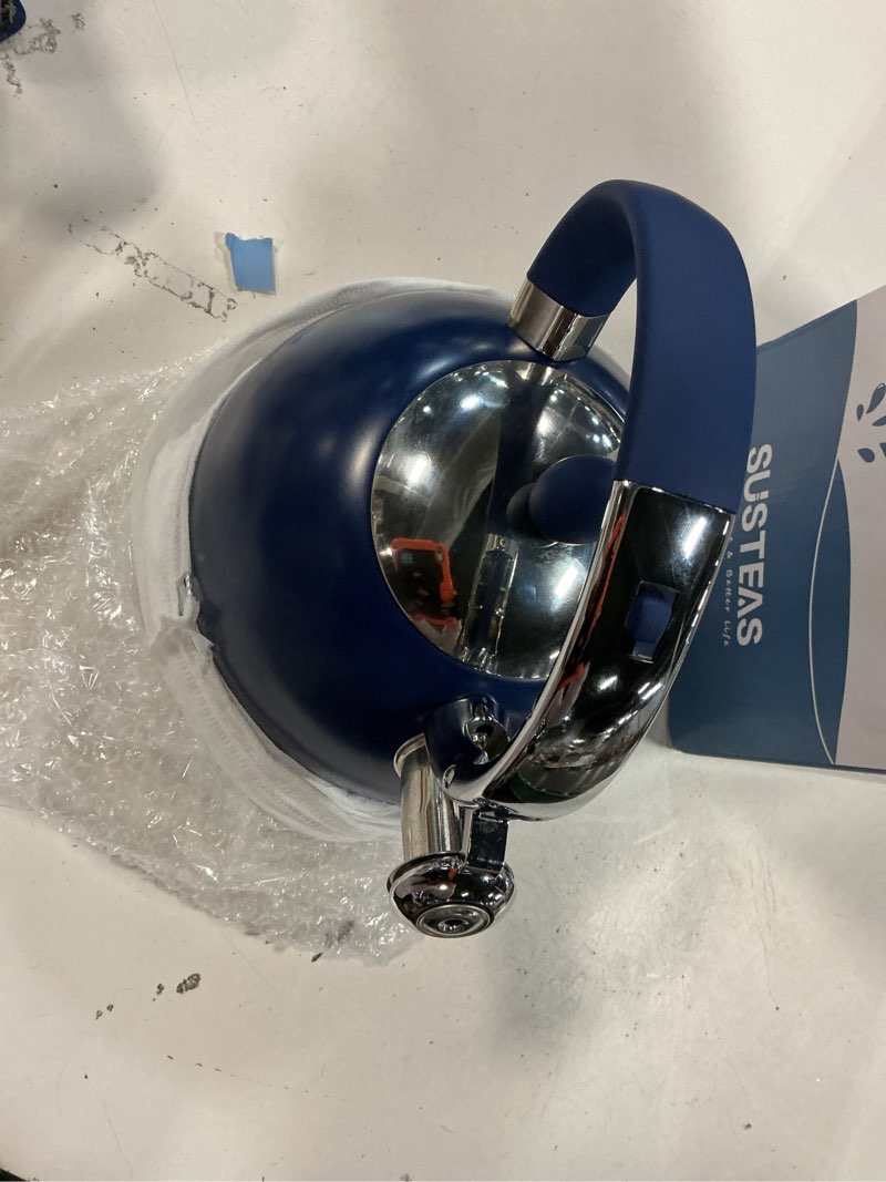 Condition photo showing Good Condition for SUSTEAS Stove Top Whistling Tea Kettle - Food Grade Stainless Steel Teakettle Teapot with Cool Touch Ergonomic Handle, With 1 Silicone Pinch Mitt Included, 2.64 Quart,NAVY BLUE