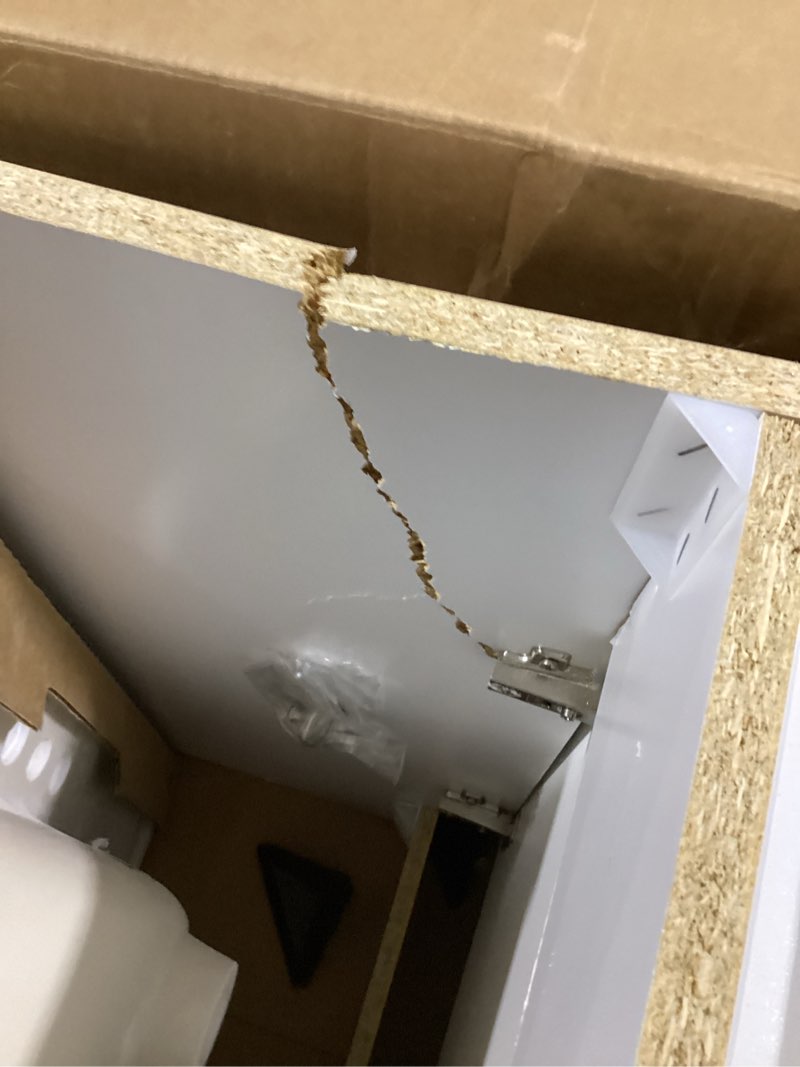 Condition photo showing As Is for project source 30-in white single sink bathroom vanity with white cultured marble top