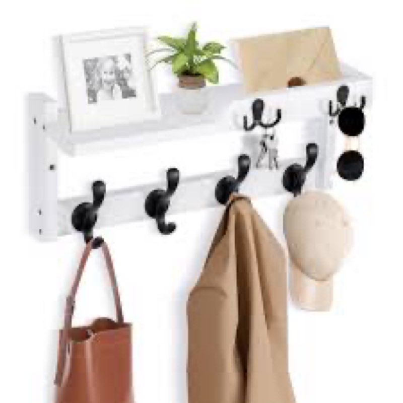 4 in 1 Coat Rack Wall Mount with Shelf, Coat Hooks 25.2\" Entryway Coat Hanger with Key Hooks and Mail Holder, Wall Hooks with Shelf, Hat Rack for Wall Key Holder Mail Organizer , white