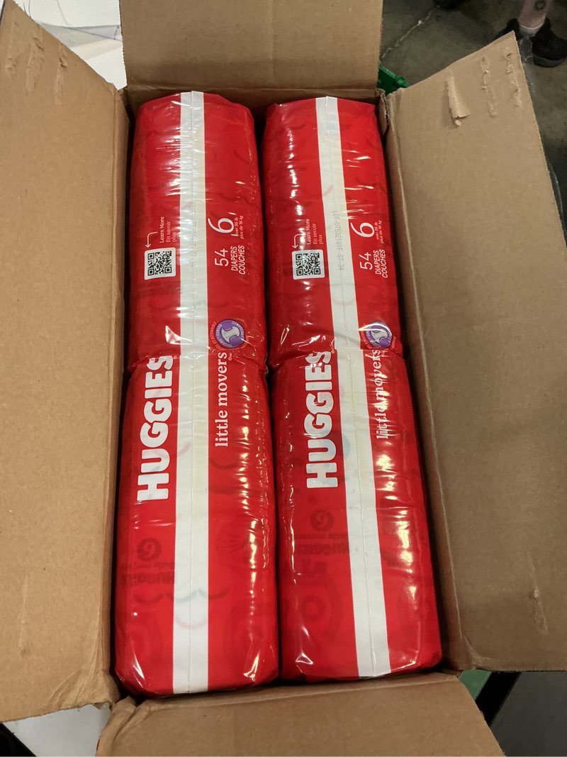 Condition photo showing New/Like New for huggies size 6 diapers, little movers baby diapers, size 6 (35+ lbs), 108 count (2 packs of 54), packaging may vary