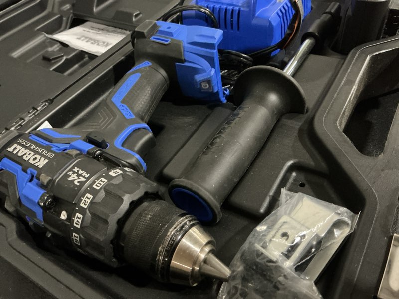 Condition photo showing As Is for kobalt xtr 24-volt 1/2-in keyless brushless cordless drill (1-battery,charger and hard case included)