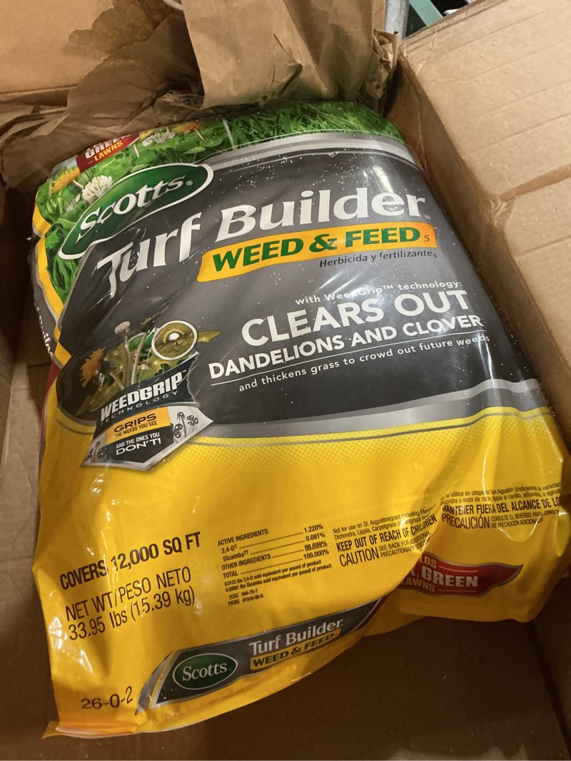 Condition photo showing As Is for scotts turf builder 33.95 lbs. 12,000 sq. ft. weed and feed5, weed killer plus lawn fertilizer