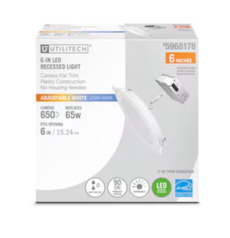 utilitech white 6-in 650 -lumens switchable white round dimmable led canless wet rated recessed downlight