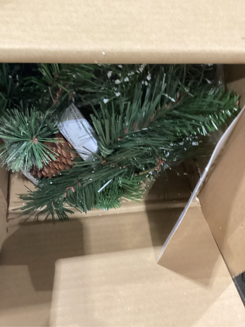 Condition photo showing Good Condition for national tree company 9 ft pre-lit wintry pine flocked artificial christmas garland, christmas decoration with pinecones, red berries, 100 clear lights, 184 tips, green