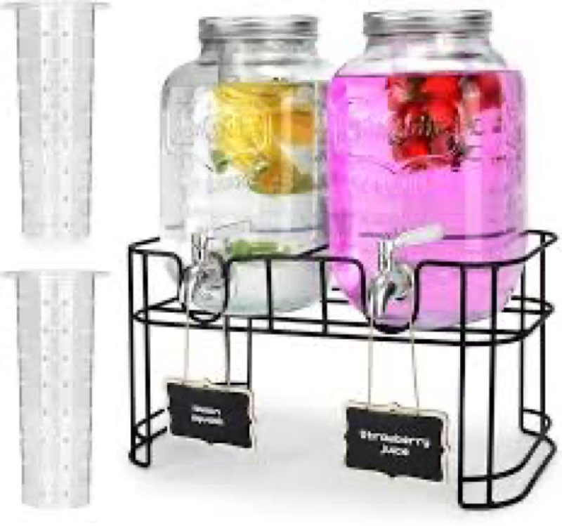 Drink Dispenser, 2PCS 1 Gallon Glass Drink with Stand for Parties (Double, with Stand)