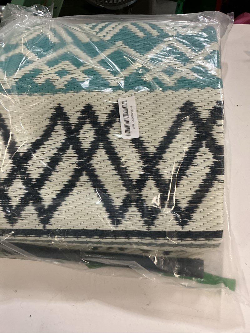 Condition photo showing As Is for montvoo outdoor rug carpet waterproof-patio rug mat 5x8 reversible rv outdoor camping rugs picnic beach mats plastic straw outside rugs for balcony porch pool deck boho patio decor blue&grey 5' x 8' (rectangular)