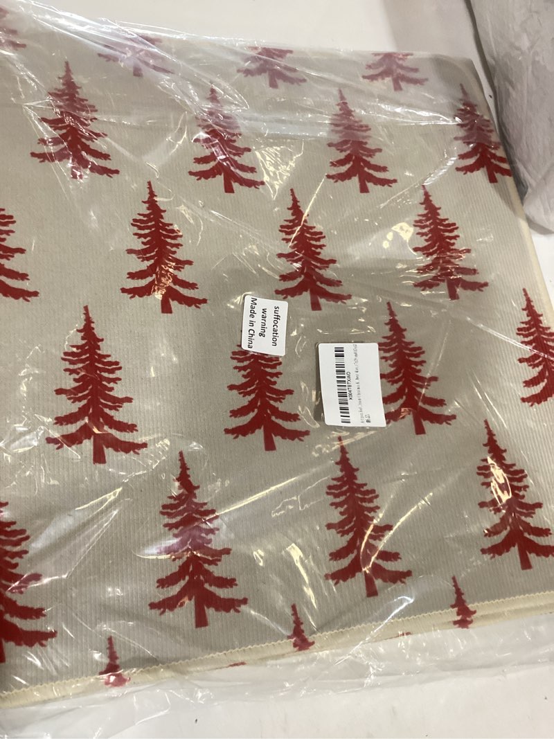 Condition photo showing Good Condition for red cream christmas kitchen mats set of 2 xmas tree print winter holiday kitchen rugs for floor home decor low-profile mats,17x29 and 17x47 inch red cream christmas tree