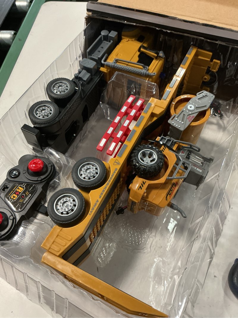 Condition photo showing As Is for Fistone RC Semi Truck with Trailer, 1:24 RC Semi-Trailer Engineering Tractor with Sound and Lights, 2.4Ghz Remote Control Flatbed Truck with Road Roller Toys, Construction Vehicles Toy for Boys Truck & Road Roller Toy