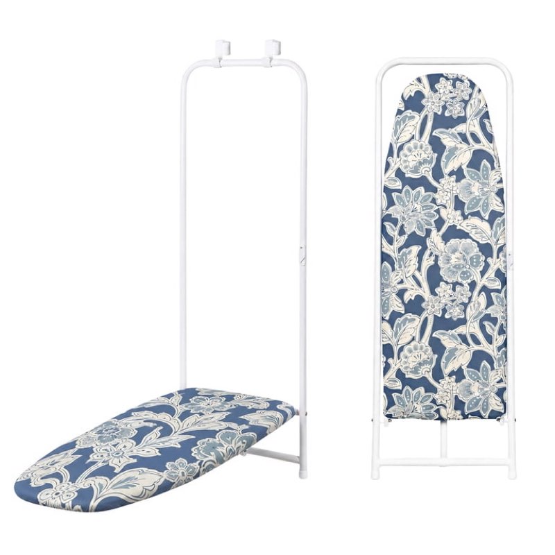 mainstays over the door ironing board, slim and compact, perfect for small spaces, includes padded board cover, white metal frame