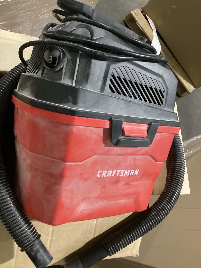 Condition photo showing As Is for possibly incomplete , missing some items, craftsman 3-gallon 3 hp corded wet/dry shop vacuum with accessories included