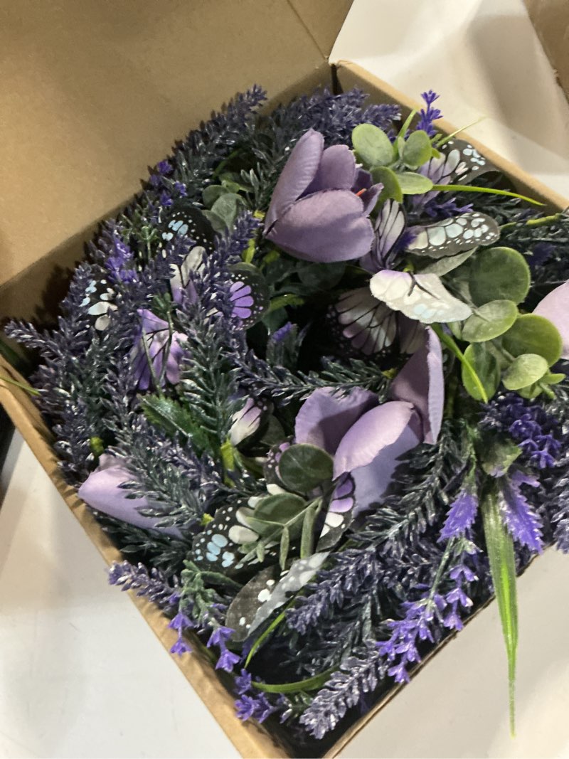 Condition photo showing New/Like New for 6 pcs spring lavender tulips small candle rings wreaths mini pillar candle holder wreath with artificial purple flowers and butterflies for home kitchen front door window porch wall table cnterpieces 6 purple tulips