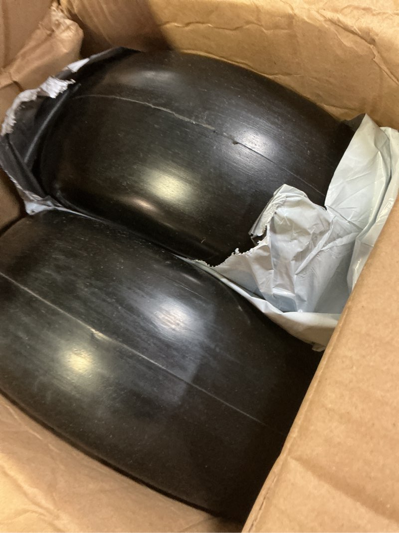 Condition photo showing As Is for 2 pcs 11x4.00-5 flat free tires and wheel, 11x4-5 smooth tire with solid polyurethane, 3.4"-4.8" centered hub, 3/4"& extra 5/8" bearings,11x4.00-5 tire zero turn mowers and riding lawn mower, 350lbs 11x4.00-5 flat free (3.4"centered hub)