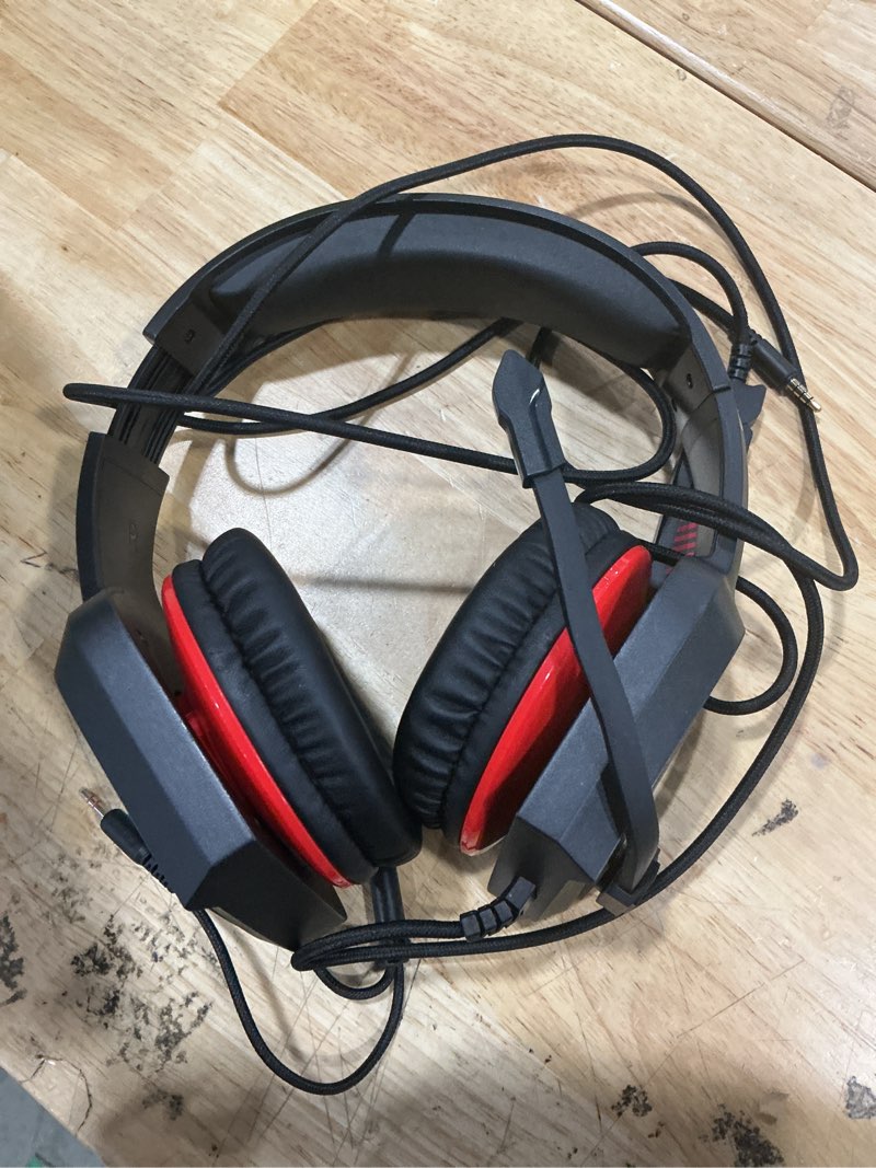 Condition photo showing Good Condition for stereo wired gaming headset for ps4 ps5 new xbox one controller psp pc laptop tablet, over ear 3.5mm port headphones with mic, bass surround, soft memory earmuffs,red&black