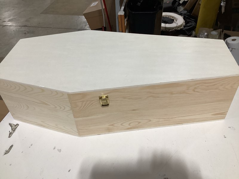 Condition photo showing As Is for small halloween coffin box, 9 inch, unfinished wood, use as halloween décor and halloween crafts, pet casket, by woodpeckers