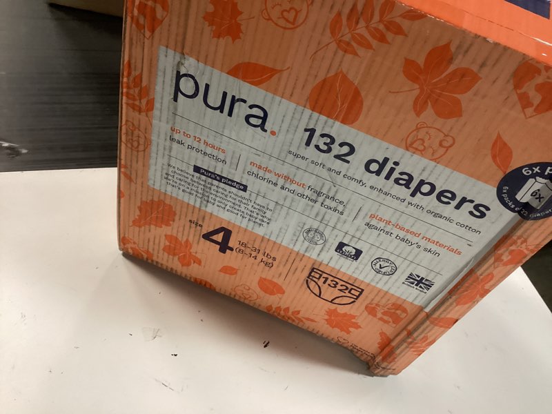 Condition photo showing New/Like New for pura sensitive skin baby diapers | size 4 (18-31 lbs) | hypoallergenic, totally chlorine free, fragrance free, up to 12-hour leak protection | 6 packs of 22 (132 diapers) size 4 132
