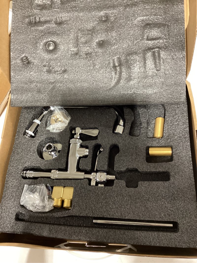 Condition photo showing Good Condition for commercial sink faucet with sprayer 21" height, 8 inch center wall mount kitchen sink faucet with down pre-rinse sprayer and 8" add-on swing spout