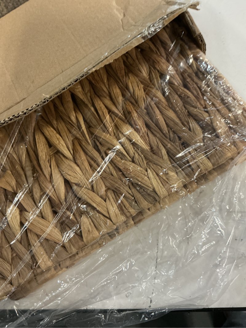 Condition photo showing Good Condition for Water Hyacinth Storage Baskets 11x11x11 Inch Wicker Storage Cubes Set of 2Baskets,Handwoven Foldable Wicker Cubes with Sturdy Handles, Rustic Laundry Organizer for Bedroom Shelves, Kitchen, Bathroom