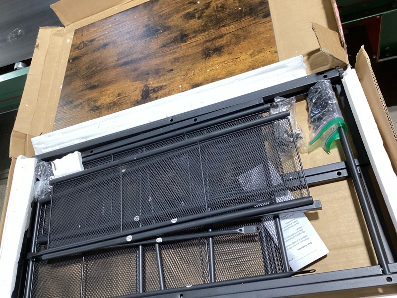 Condition photo showing As Is for yasonic coffee bar, bakers rack with storage, 25.6 inches microwave stand, 5 tier kitchen shelves appliance storage, 12 s hooks large coffee station for spices, pots and pans, rustic brown 25.6in
