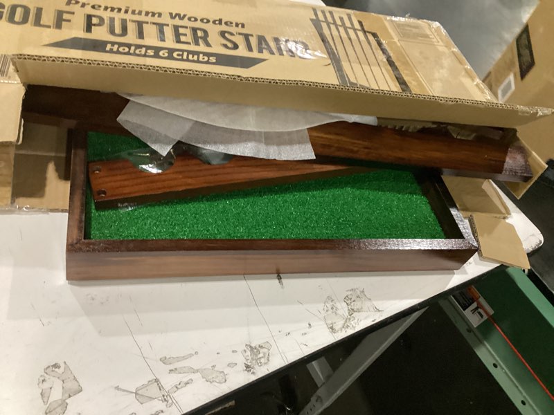 Condition photo showing New/Like New for GoSports Premium Wooden Golf Putter Stand - Indoor Display Rack, Holds 6 Clubs - Black, Natural, Brown, White Brown 29" x 17" x 11"