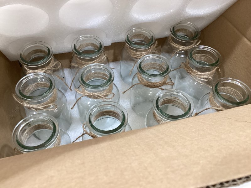 Condition photo showing Good Condition for 12-piece 6” hand blown small vases bulk, small vases for centerpieces, crystal-look high clarity glass with thick solid base, rustic wedding, floating candle & floral decor
