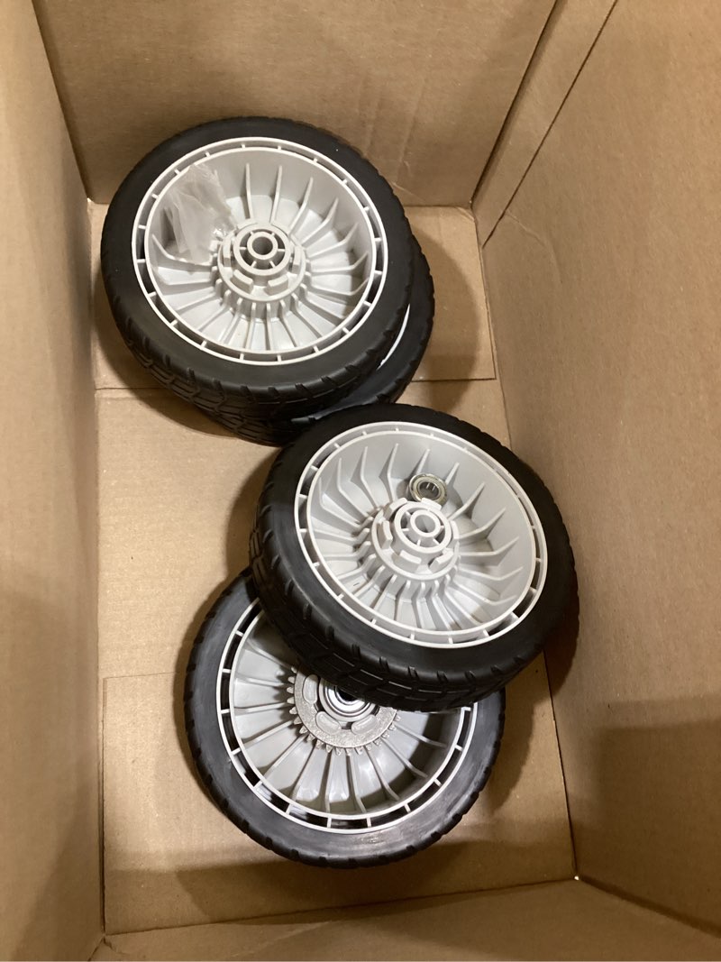 Condition photo showing Good Condition for gicool 4 pack hrr216 lawn mower wheels, 2 rear wheels 42710-ve2-m02ze and 2 front wheels 44710-vl0-l02zb for honda hrr216 hrs216 hrt216 walk-behind lawn mower 2x rear & 2x front