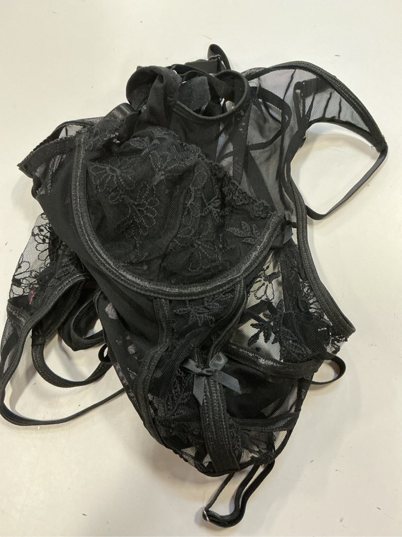 Condition photo showing As Is for RSLOVE Lingerie Sets for Women Outfits - 4 Piece Set Underwire Lace Corset Teddy Push Up Bodysuit with Garter and Panty Medium Black