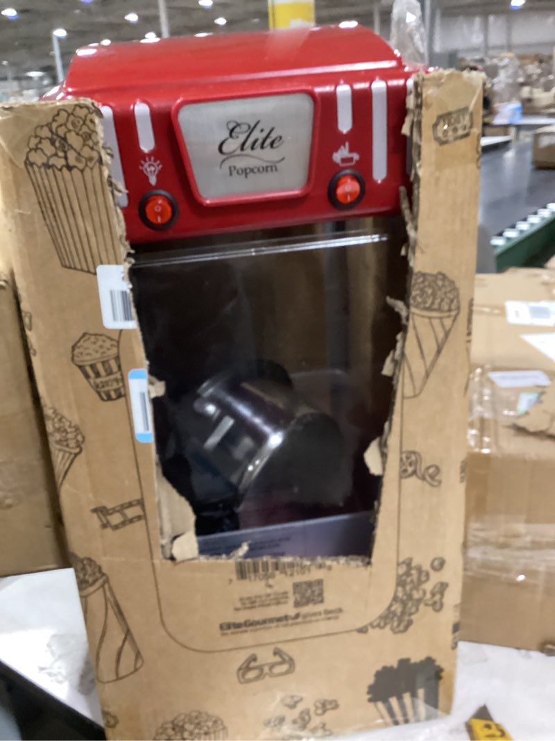 Condition photo showing As Is for elite gourmet epm-250 maxi-matic 2.5 ounce classic carnival, tabletop kettle popcorn popper machine, retro-style, movie hot buttered popcorn, red 1-gallon