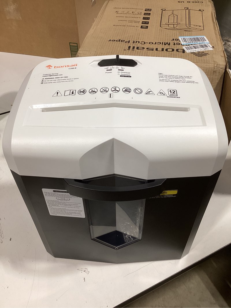 Condition photo showing New/Like New for bonsaii 12-sheet micro cut paper shredder, 60-minute p-4 high security shredders for home office, shreds cd/credit card/mail/staple/clip, jam-proof system with 4.2 gal pullout bin (c266-bw) black&white
