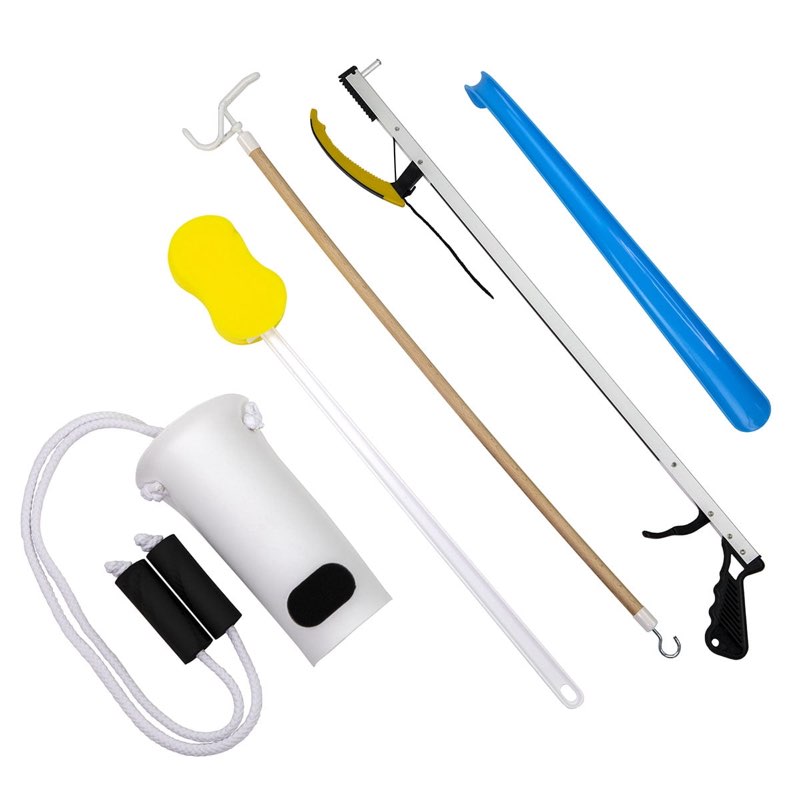 hip kit daily living aids for mobility, hip replacement recovery, knee and back surgery includes grabber reacher, bath sponge stick, sock aid, shoehorn, dressing stick