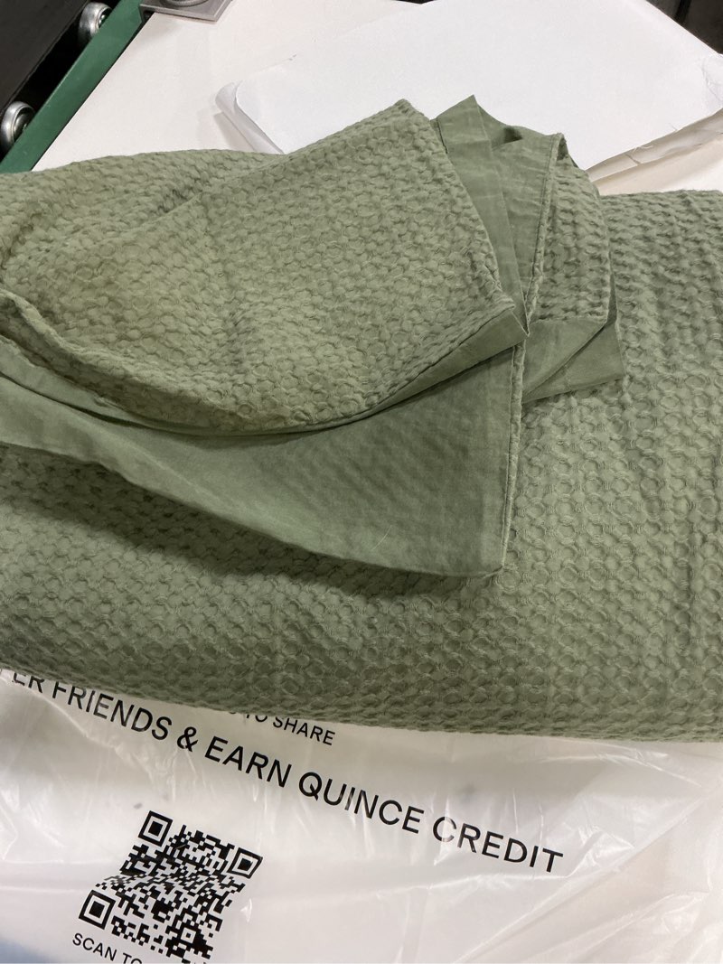 Condition photo showing As Is for (incomplete, missing 1 pillowcase)quince, european linen cotton duvet stitch,set of 3(standar)green