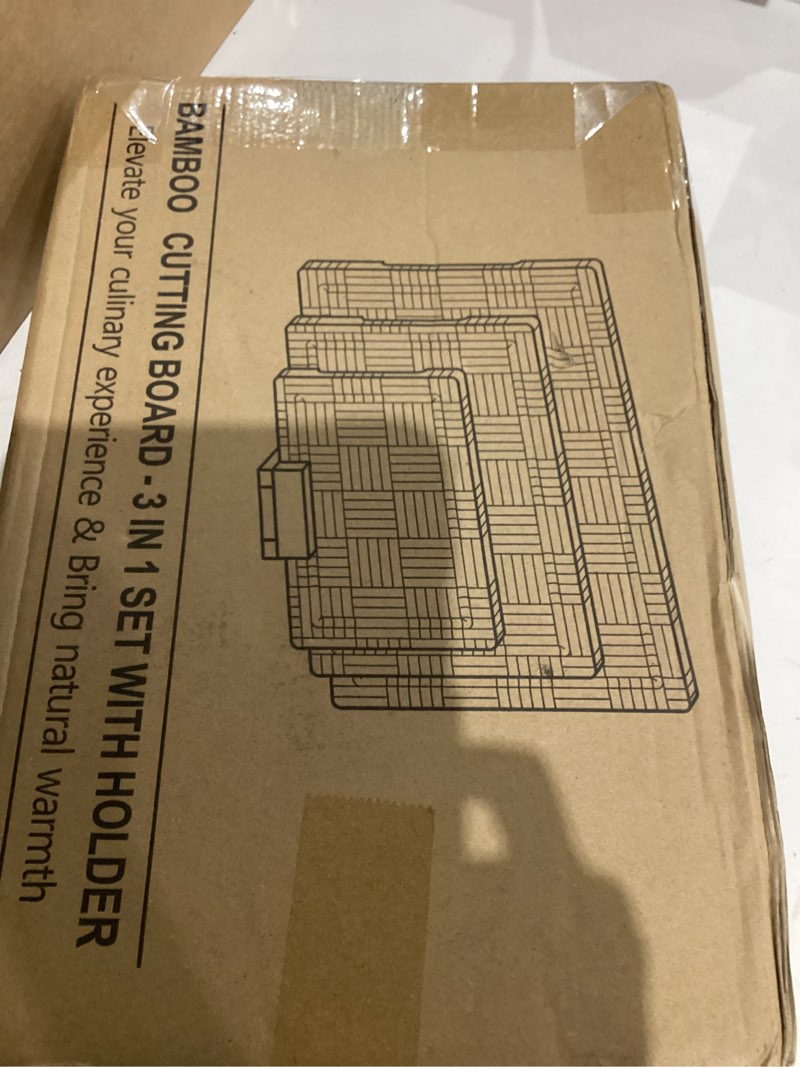 Condition photo showing As Is for Bamboo Cutting Boards for Kitchen,Chopping Boards Set with Juice Groove,End Grain Bamboo Butcher Block,Serving Board with Holder(3 Pcs)