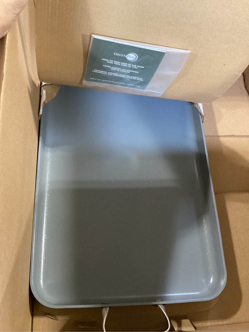 Condition photo showing Good Condition for greenpan valencia pro ceramic nonstick 18" x 11" double burner griddle pan, hard anodized pfas-free, induction ready cookware, compatible on all cooktops, dishwasher safe, oven safe to 600f, gray 18" x 11" double burner griddle pan gray