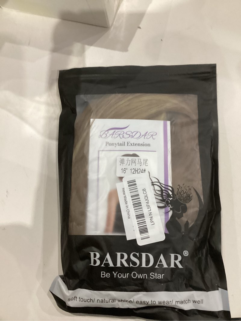 Condition photo showing New/Like New for barsdar drawstring ponytail extensions - 16 inch short straight drawstring ponytail hair extensions for women, soft synthetic clip in pony tails hairpieces - brown with highlights 16 inch (pack of 1) brown with highlights