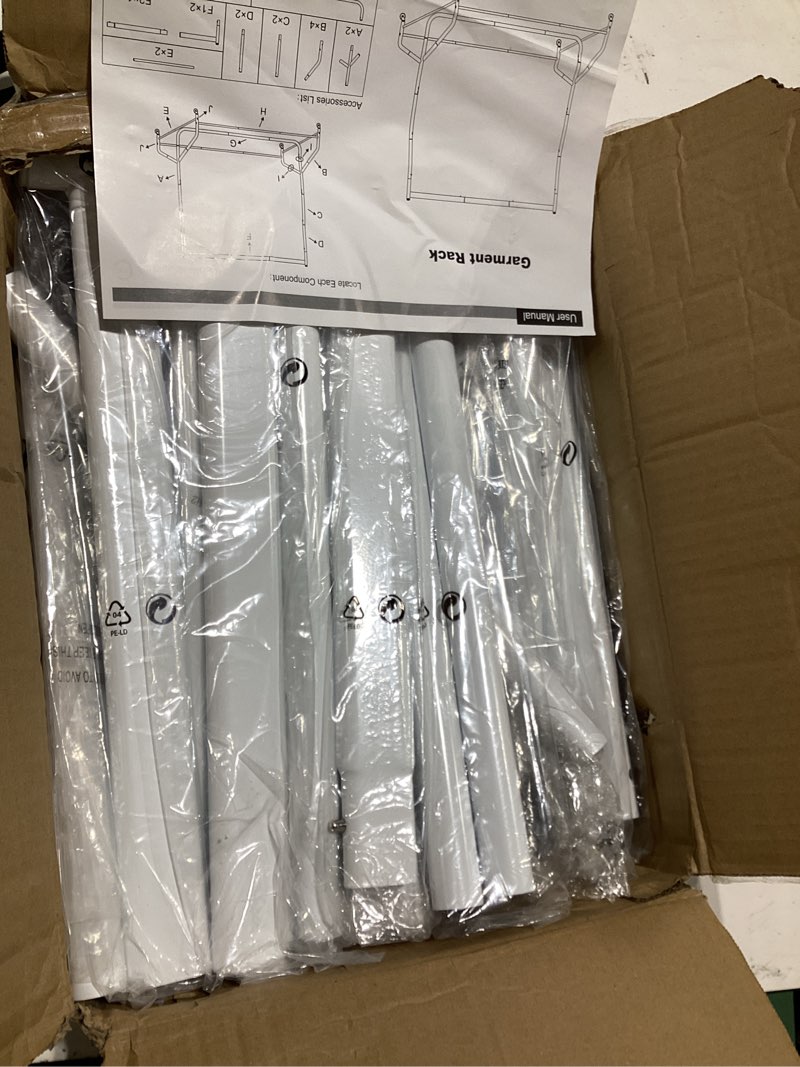 Condition photo showing As Is for eagmak heavy duty clothes rack load 420 lbs, rolling garment rack with lockable wheels, standing metal clothing rack with shelves, portable wardrobe sturdy coat rack for hanging clothes (white white 43.3?×18.9?×63?