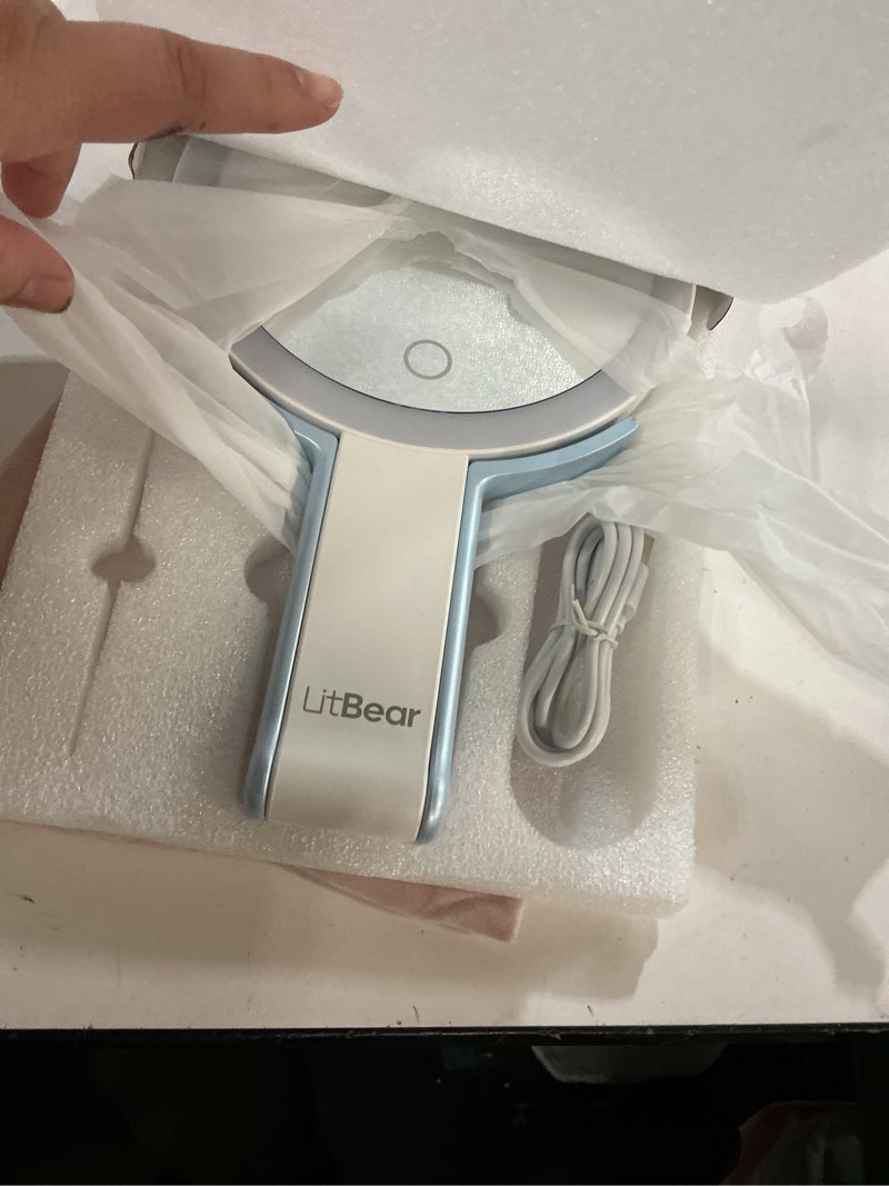 Condition photo showing Good Condition for LitBear Travel Makeup Mirror with Lights, Rechargeable Double-Sided 10X/1X Magnifying Mirror, Portable Lighted Beauty Mirrors, 3 Color Lighting, Dimmable Touch Screen, Tabletop Handhold Hanging (Blue) White Blue