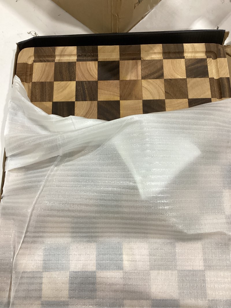 Condition photo showing Good Condition for thetchry cutting boards for kitchen, checkered cutting board upgraded, acacia wood chopping board with juice grooves & handles, large butcher block serving tray with gift box, 17"x12"x0.8" acaia wood & rubber wood 17"l x 12"w