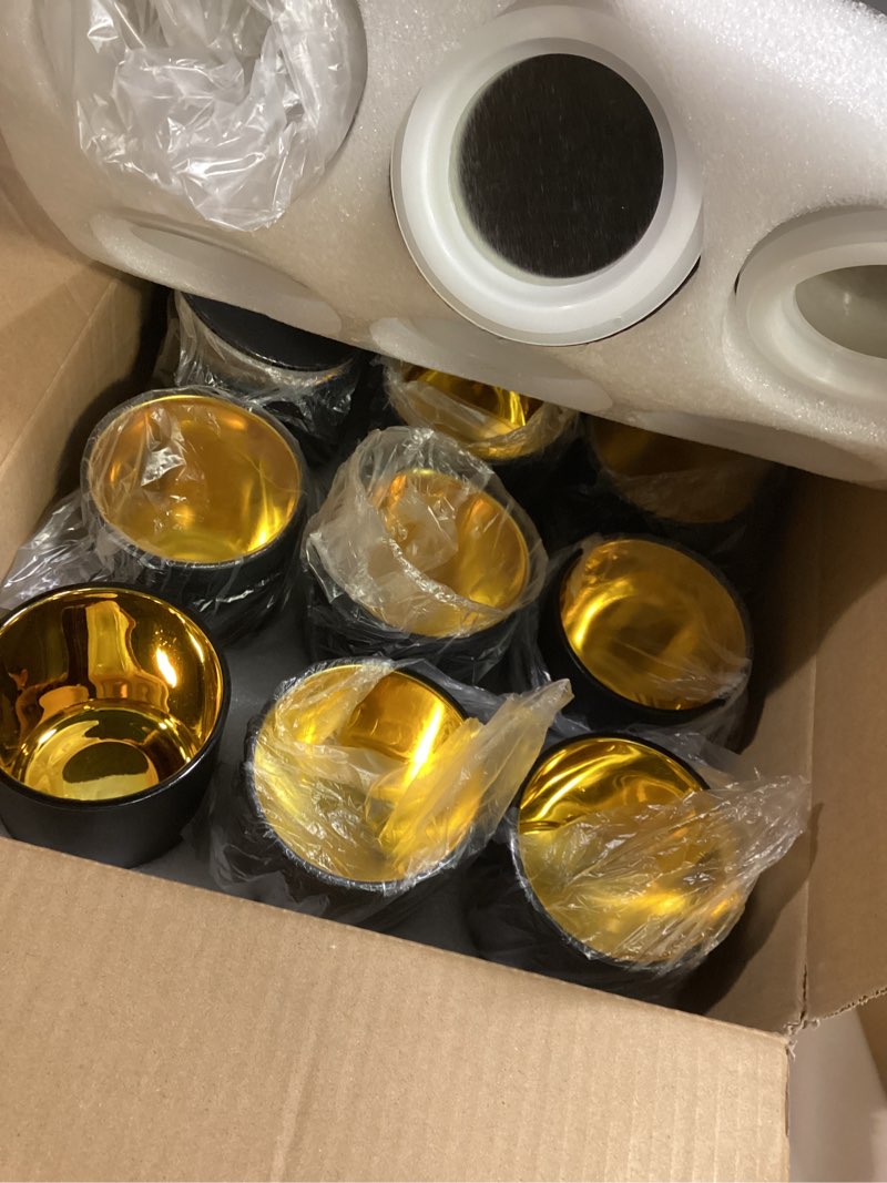 Condition photo showing Good Condition for ?Candle Jars Bulk, All Black Candle Container with Gold Interior, 12PCS Candle Tis, Vessel with Metal Lids Empty Matte Black Jars for Candle Making - Dishwasher Safe