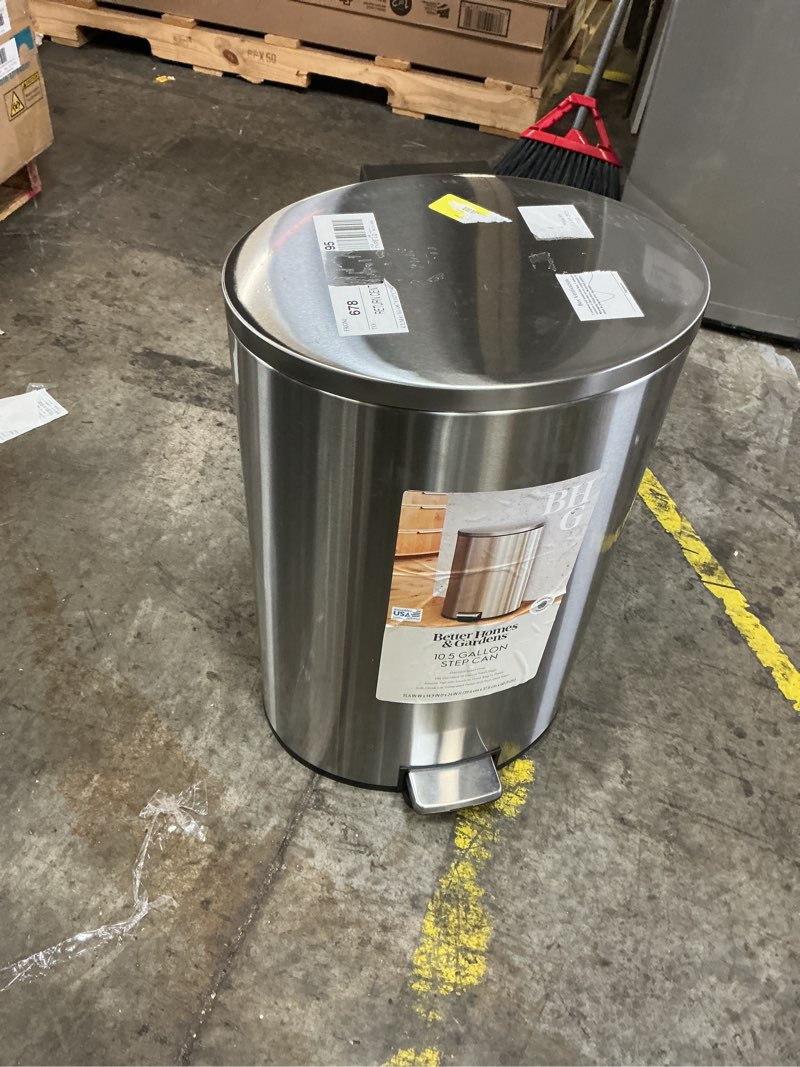 Condition photo showing As Is for (will not open)better homes & gardens kitchen trash can, 10.5 gallon stainless steel semi round step garbage bin with soft close lid, silver