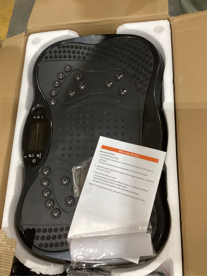 Condition photo showing As Is for vibration plate exercise machine, 130 levels full body workout vibrating plate for lymphatic drainage weight loss, 450 lbs capacity shake platform with resistance bands bluetooth for women men