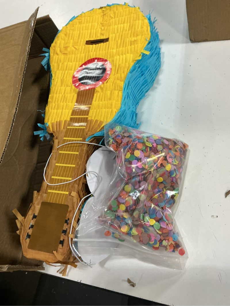 Condition photo showing Good Condition for sratte guitar pinata bundle with a blindfold and bat, kids guitar musical fiesta pinata for boys girls adults birthday parties, music party favors, carnival and related events, 16 x 7 x 3 inches